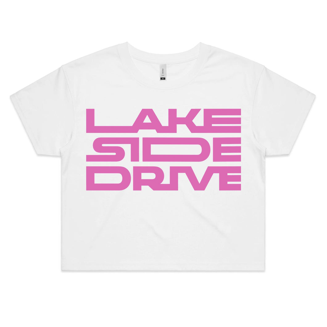 Lakeside Drive - Women's Crop Tee [pink logo] - Lakeside Drive F1 Podcast