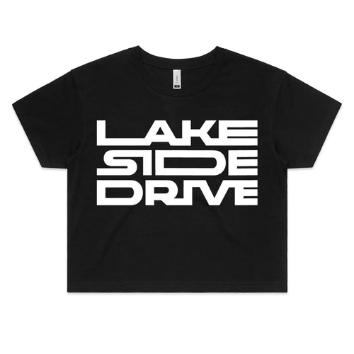 Lakeside Drive - Women's Crop Tee [white logo] - Lakeside Drive F1 Podcast